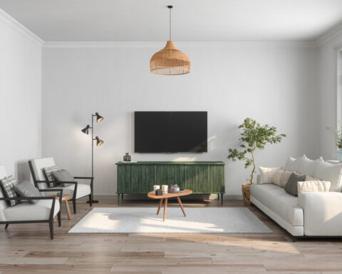 Modern Living Room Interior With Television Set, Sofa, Armchair, Floor Lamp And Coffee Table